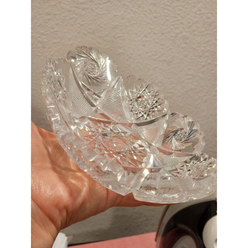 Vintage Crystal Glass‎ Oval Dish - Intricate Cut Design, 9x4 Inches